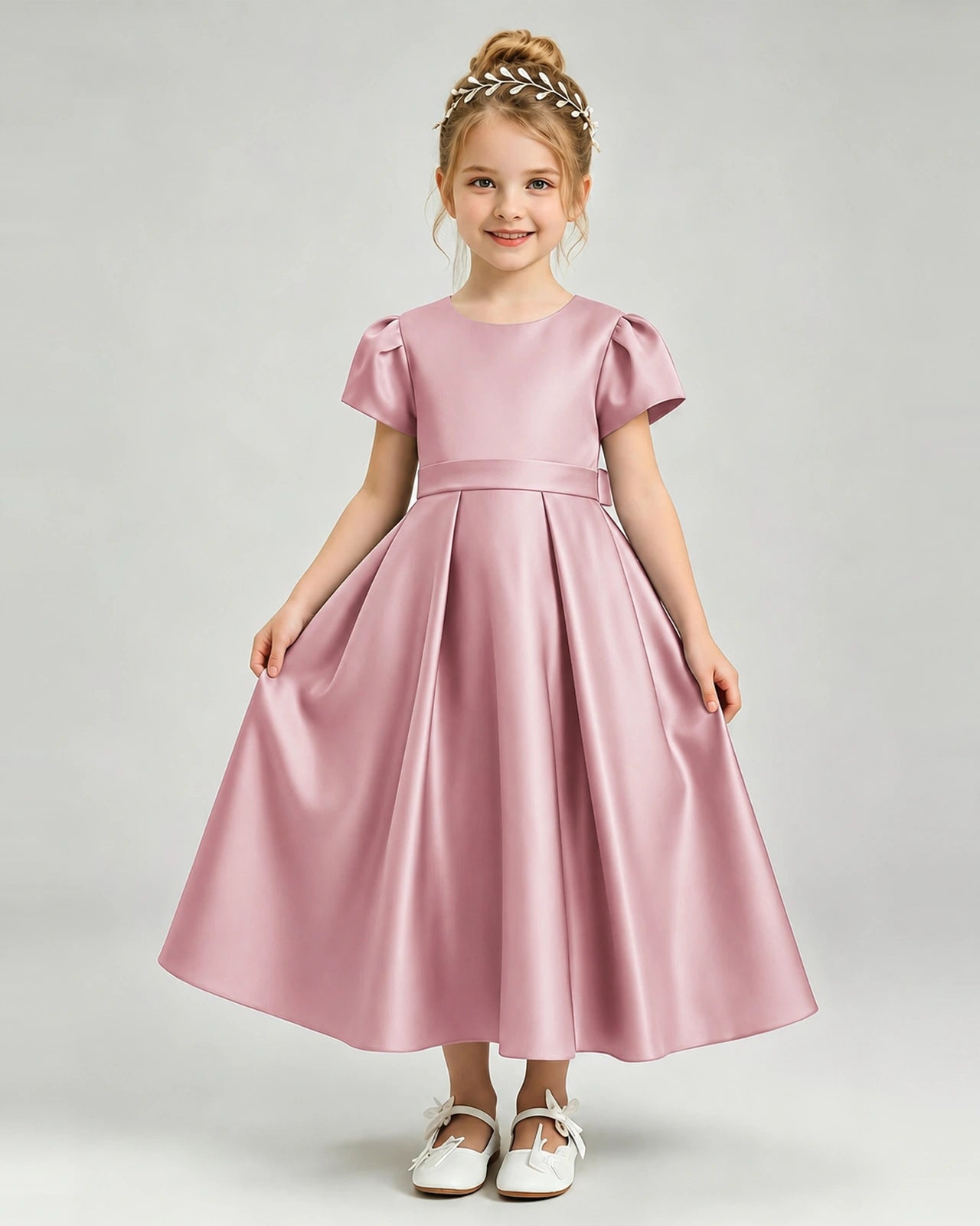 Dusty Rose Flower Girl Dress Puff Sleeve Satin Bow A-Line Midi Gown Front View