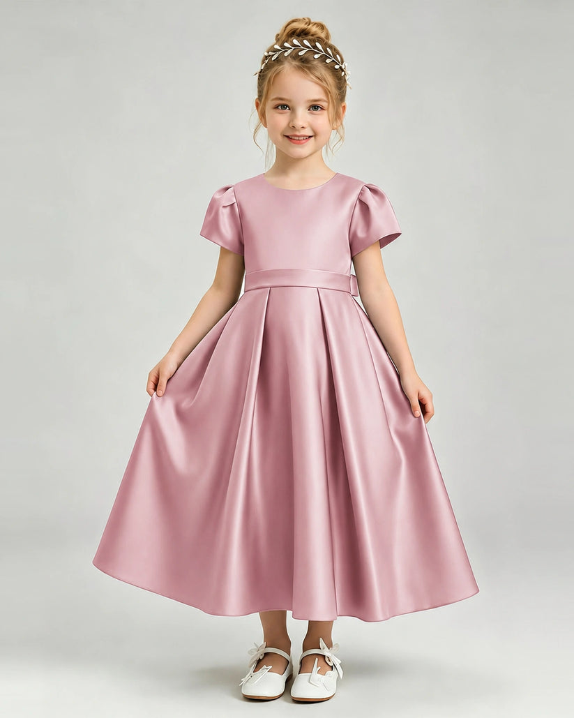 Dusty Rose Satin A-line Flower Girl Dress Front View