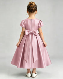 Dusty Rose Flower Girl Dress Puff Sleeve Satin Bow A-Line Midi Gown Back View