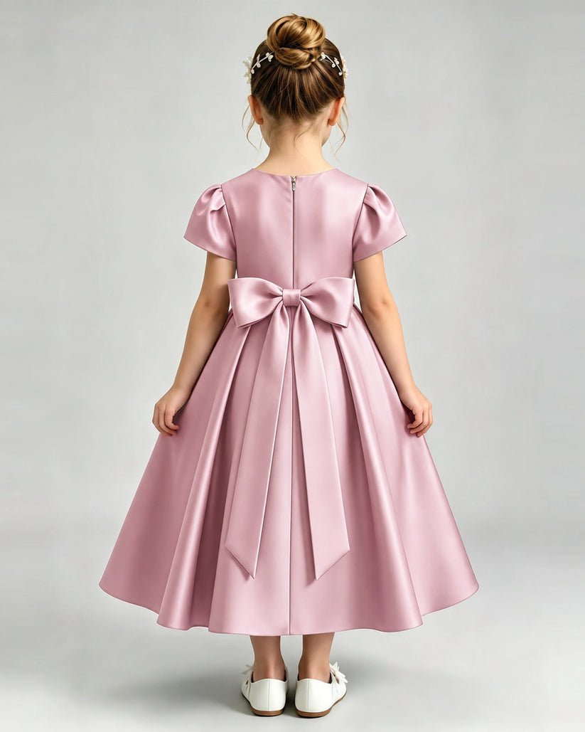 Dusty Rose Satin A-line Flower Girl Dress Back View