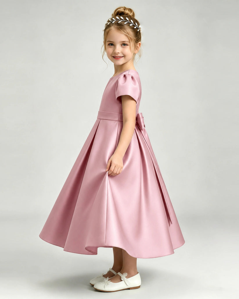 Dusty Rose Satin A-line Flower Girl Dress Side View