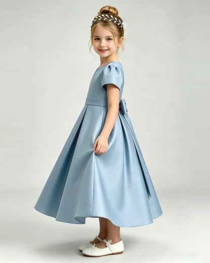 Dusty Blue Flower Girl Dress Puff Sleeve Satin Bow A-Line Midi Gown Side View