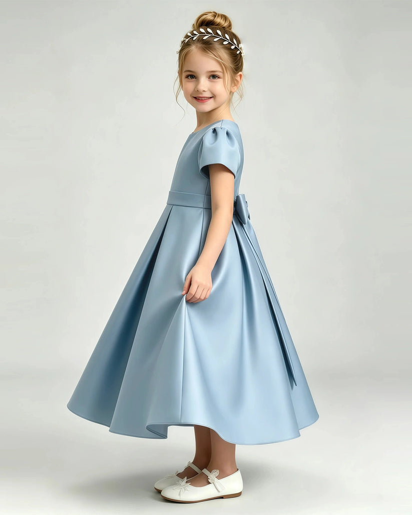 Dusty Blue Satin A-line Flower Girl Dress Side View