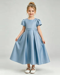 Dusty Blue Flower Girl Dress Puff Sleeve Satin Bow A-Line Midi Gown Front View
