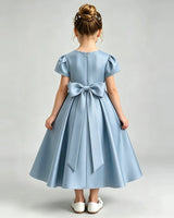 Dusty Blue Satin A-line Flower Girl Dress Back View