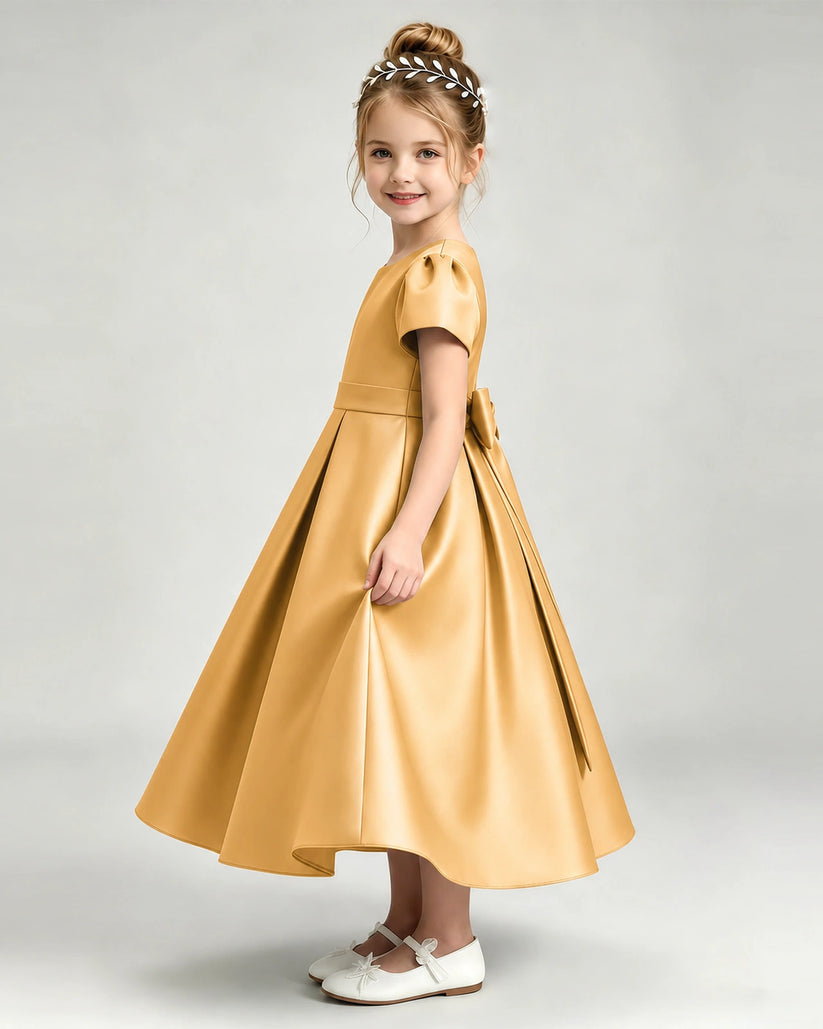 Gold Satin A-line Flower Girl Dress Side View