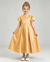 Gold Satin A-line Flower Girl Dress Front View
