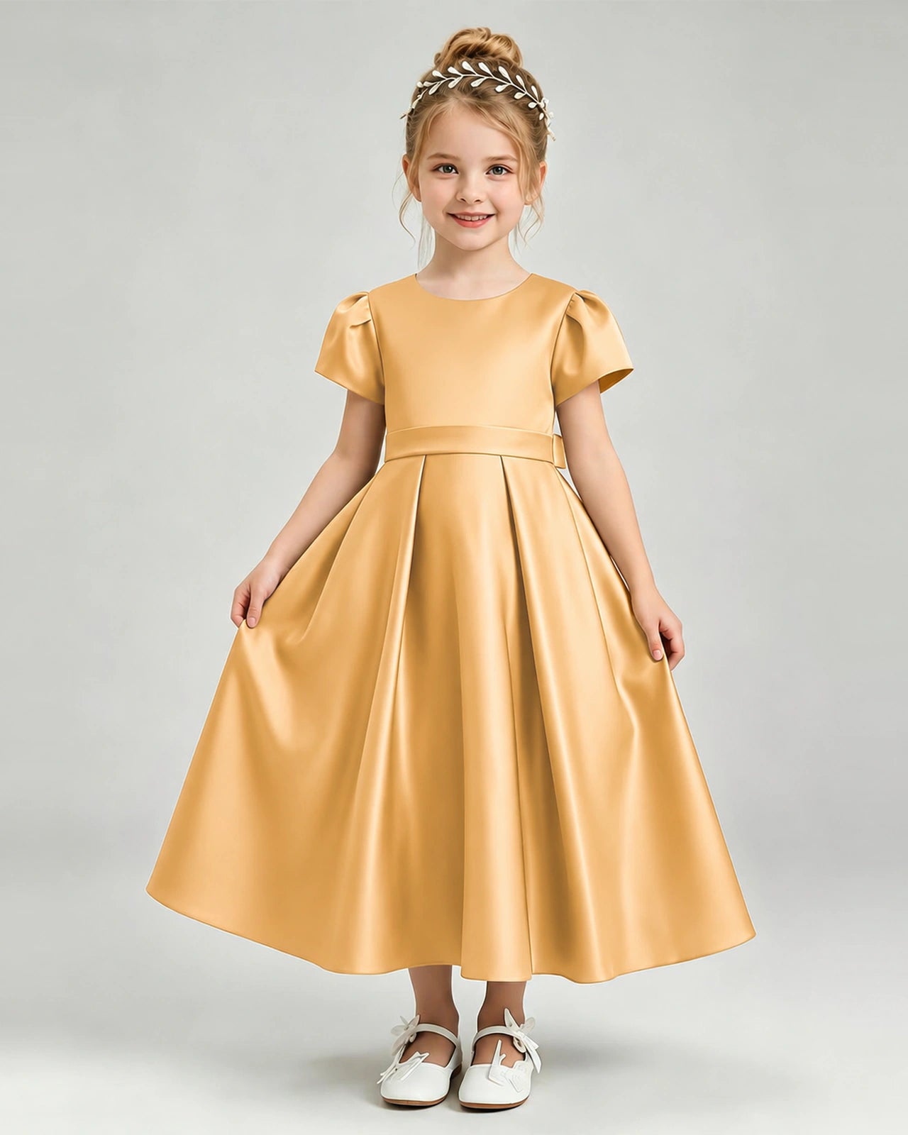 Gold Flower Girl Dress Puff Sleeve Satin Bow A-Line Midi Gown Front View