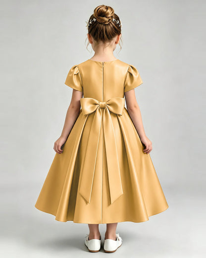 Gold Flower Girl Dress Puff Sleeve Satin Bow A-Line Midi Gown Back View