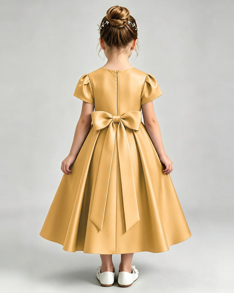 Gold Satin A-line Flower Girl Dress Back View