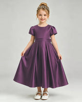 Grape Satin A-line Flower Girl Dress Front View