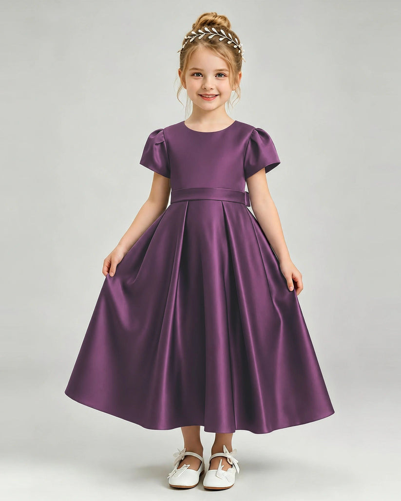 Grape Satin A-line Flower Girl Dress Front View
