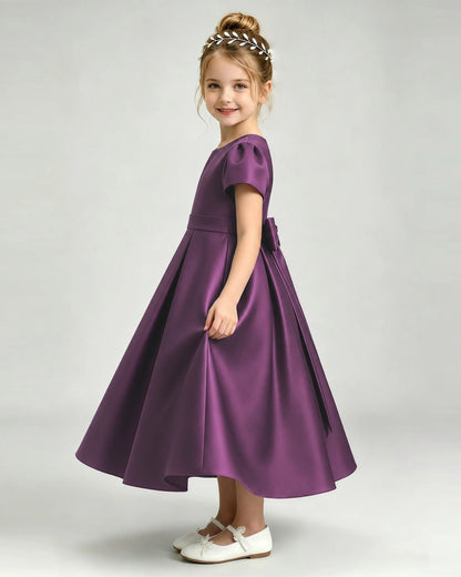 Grape Flower Girl Dress Puff Sleeve Satin Bow A-Line Midi Gown Side View