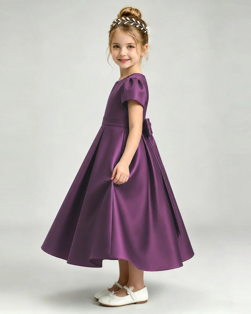 Grape Satin A-line Flower Girl Dress Side View