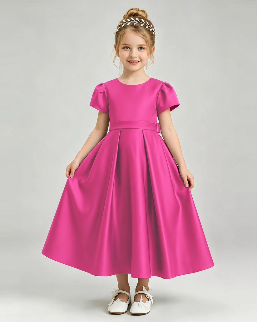 Hot Pink Satin A-line Flower Girl Dress Front View