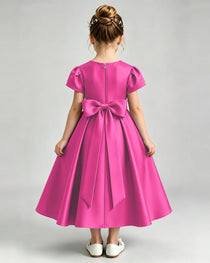 Hot Pink Flower Girl Dress Puff Sleeve Satin Bow A-Line Midi Gown Back View