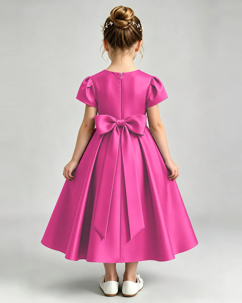 Hot Pink Satin A-line Flower Girl Dress Back View