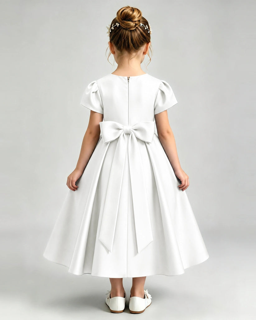 Ivory Satin A-line Flower Girl Dress Back View