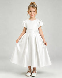 Ivory Flower Girl Dress Puff Sleeve Satin Bow A-Line Midi Gown Front View