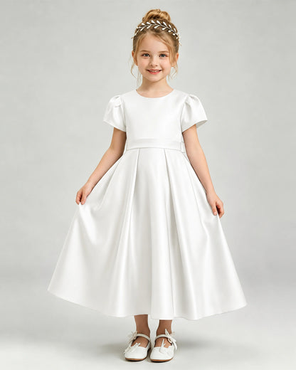 Ivory Flower Girl Dress Puff Sleeve Satin Bow A-Line Midi Gown Front View