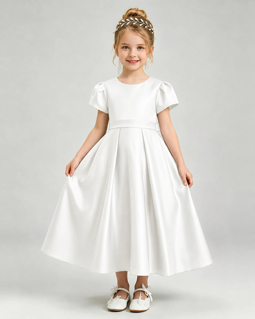 Ivory Satin A-line Flower Girl Dress Front View