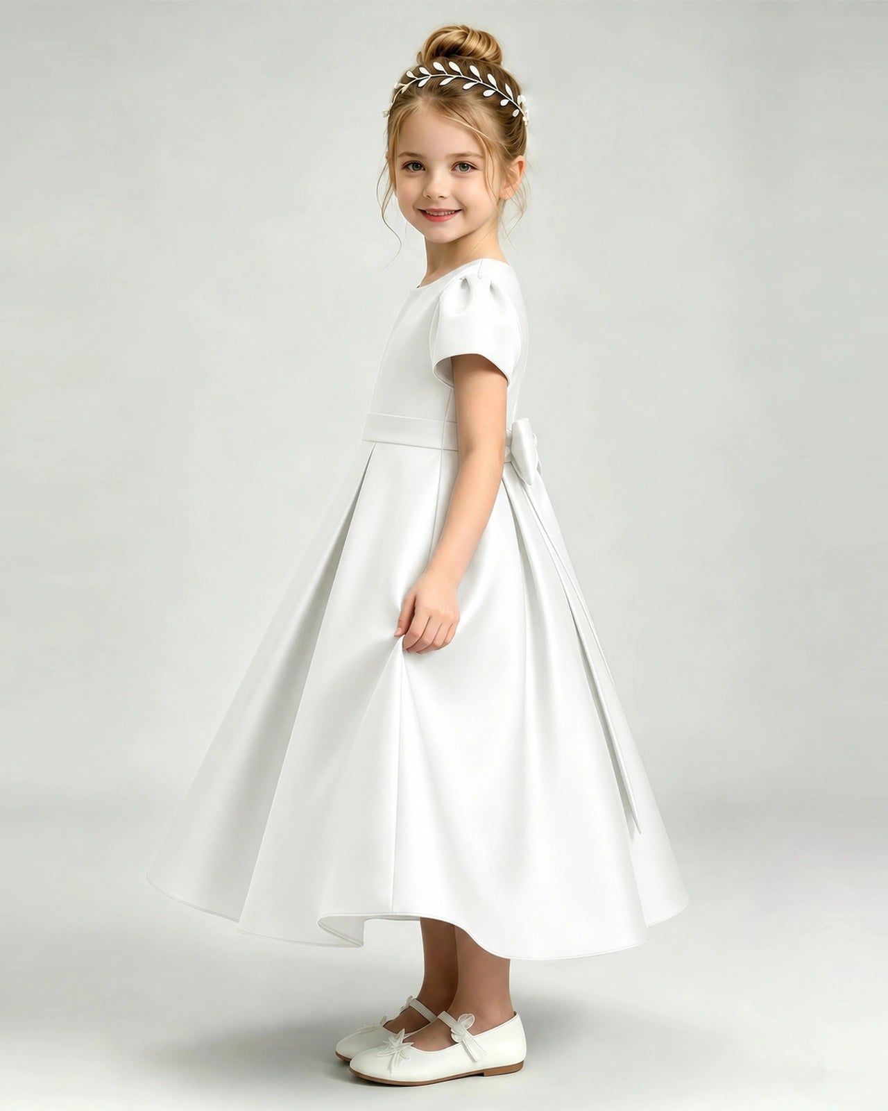 Ivory Flower Girl Dress Puff Sleeve Satin Bow A-Line Midi Gown Side View