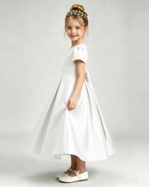 Ivory Flower Girl Dress Puff Sleeve Satin Bow A-Line Midi Gown Side View