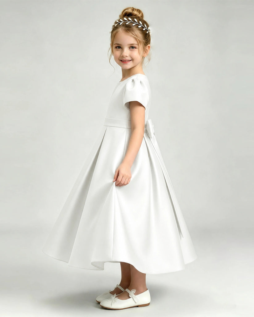 Ivory Satin A-line Flower Girl Dress Side View