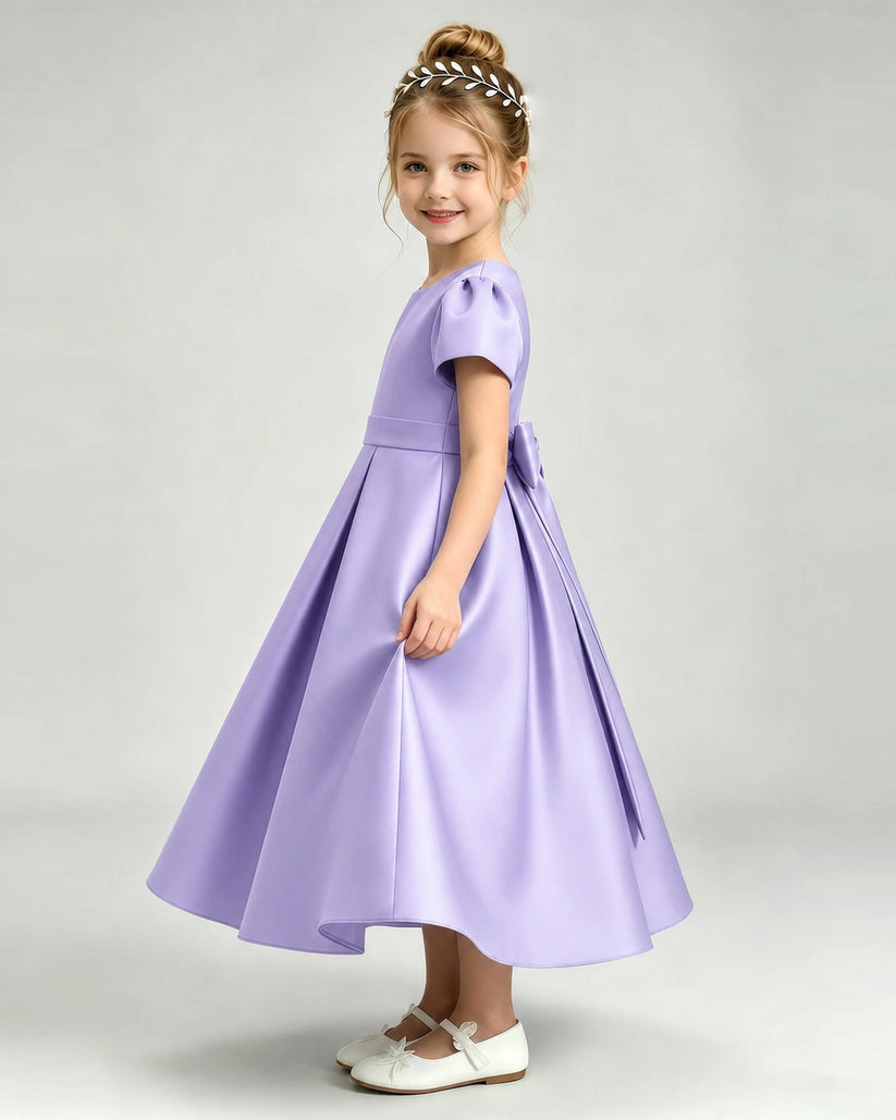 Lavender Satin A-line Flower Girl Dress Side View