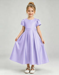 Lavender Flower Girl Dress Puff Sleeve Satin Bow A-Line Midi Gown Front View