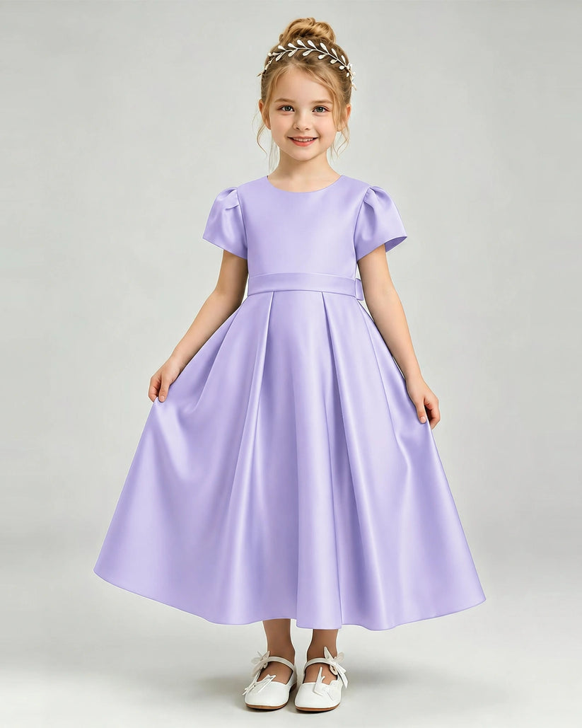 Lavender Satin A-line Flower Girl Dress Front View