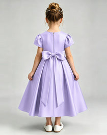 Lavender Flower Girl Dress Puff Sleeve Satin Bow A-Line Midi Gown Back View