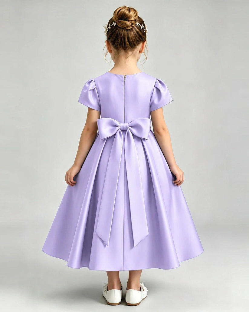 Lavender Satin A-line Flower Girl Dress Back View