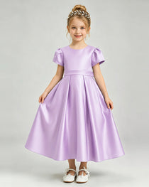 Lilac Flower Girl Dress Puff Sleeve Satin Bow A-Line Midi Gown Front View