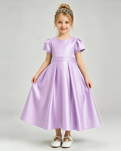 Lilac Flower Girl Dress Puff Sleeve Satin Bow A-Line Midi Gown Front View