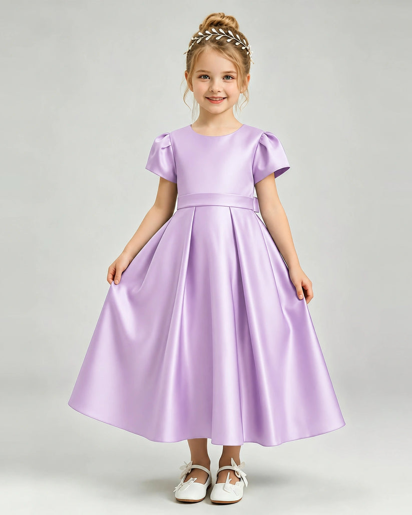 Lilac Satin A-line Flower Girl Dress Front View