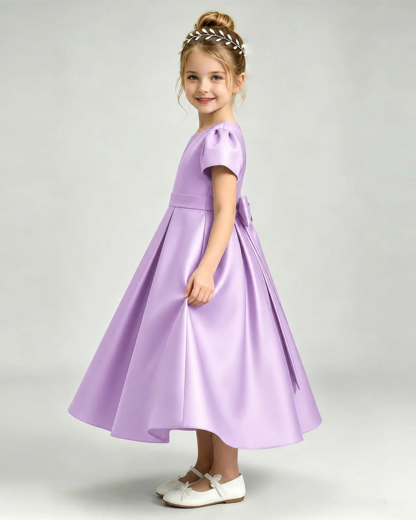 Lilac Satin A-line Flower Girl Dress Side View