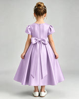 Lilac Satin A-line Flower Girl Dress Back View