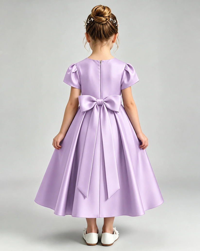 Lilac Satin A-line Flower Girl Dress Back View