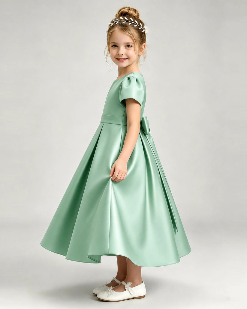 Mint Green Satin A-line Flower Girl Dress Side View