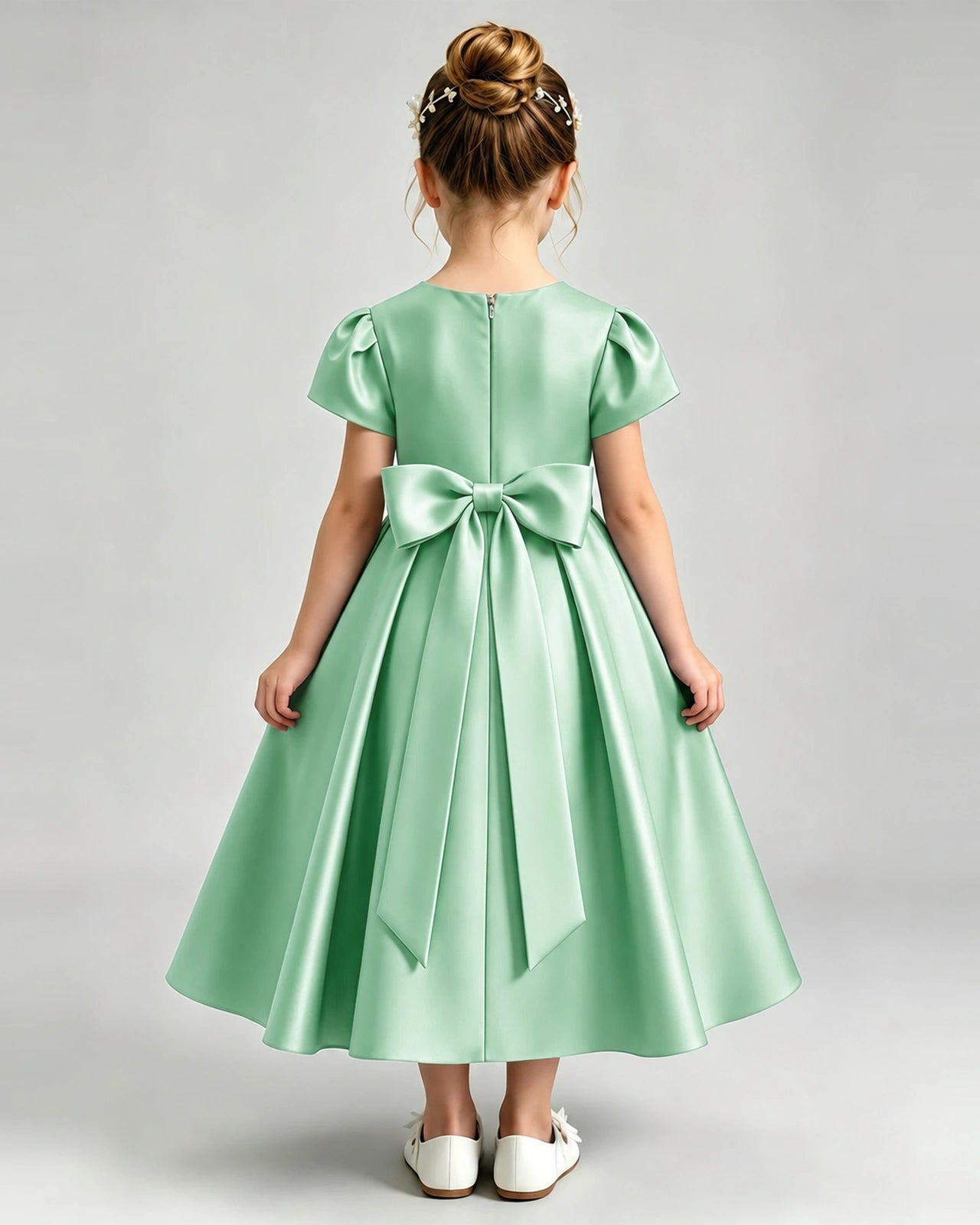 Mint GreenFlower Girl Dress Puff Sleeve Satin Bow A-Line Midi Gown Back View