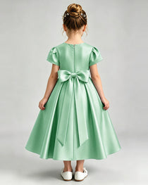 Mint GreenFlower Girl Dress Puff Sleeve Satin Bow A-Line Midi Gown Back View