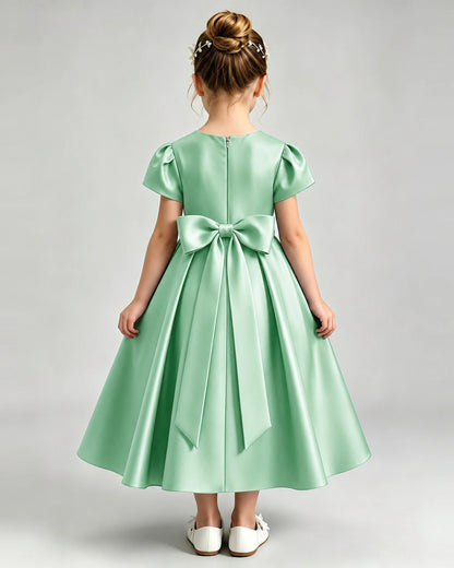 Mint GreenFlower Girl Dress Puff Sleeve Satin Bow A-Line Midi Gown Back View