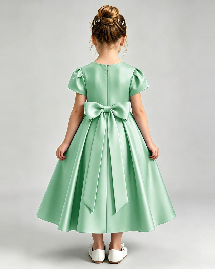 Mint Green Satin A-line Flower Girl Dress Back View