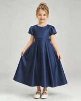 Navy Blue Satin A-line Flower Girl Dress Front View