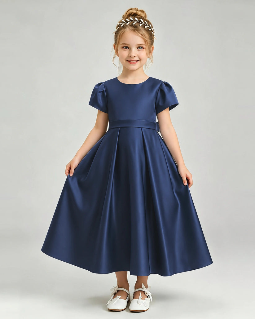 Navy Blue Satin A-line Flower Girl Dress Front View