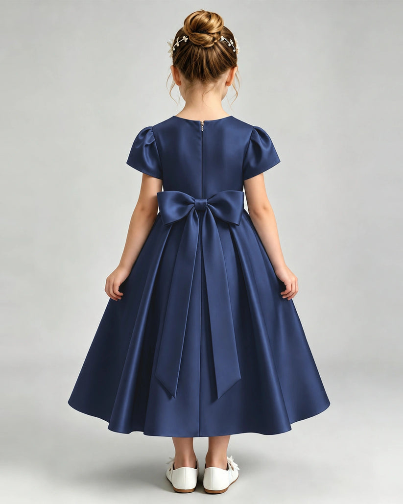 Navy Blue Satin A-line Flower Girl Dress Back View