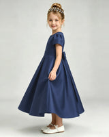Navy Blue Satin A-line Flower Girl Dress Side View