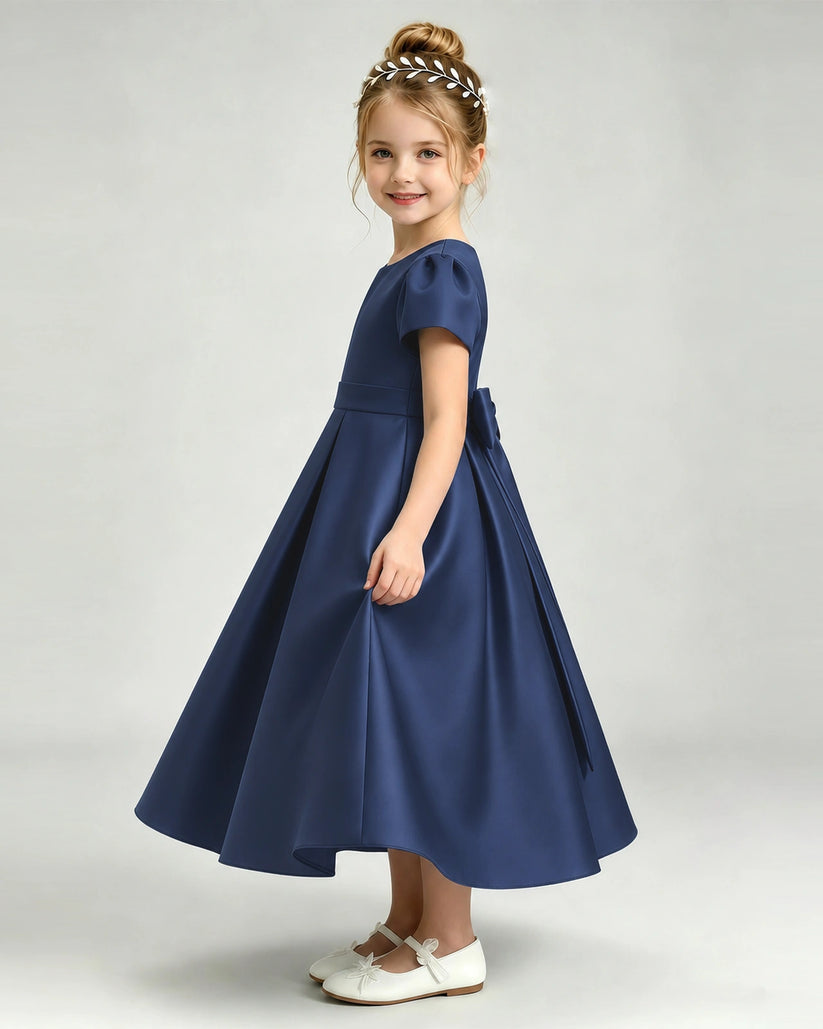Navy Blue Satin A-line Flower Girl Dress Side View