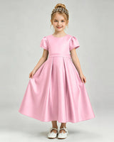 Pink Satin A-line Flower Girl Dress Front View
